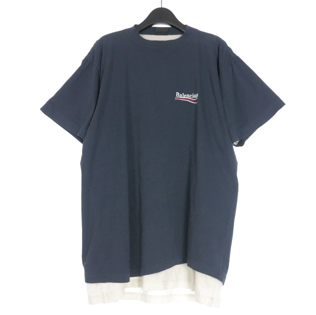 【中古】バレンシアガ BALENCIAGA 25SS キャンペーンロゴ レイヤードTシャツ カットソー 半袖 L ネイビー 紺 835512