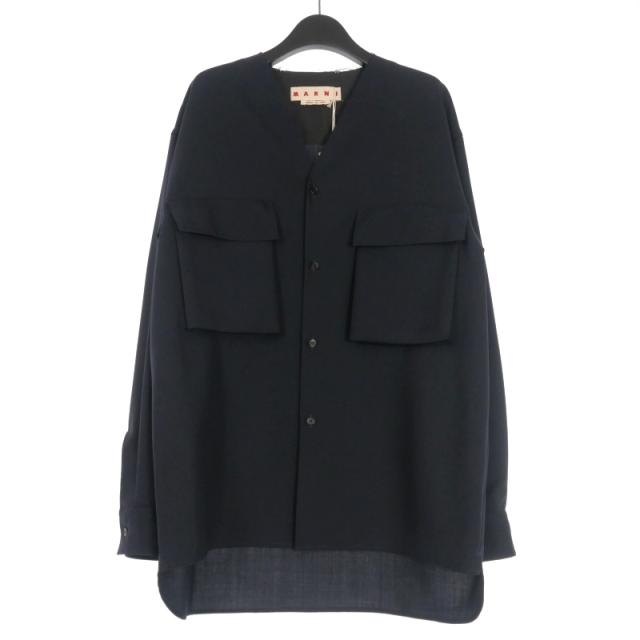 【中古】未使用品 マルニ MARNI 25AW  ウールトロピカルノーカラーシャツ 長袖 48 ネイビー 紺 CUMU0369A1 国内正規