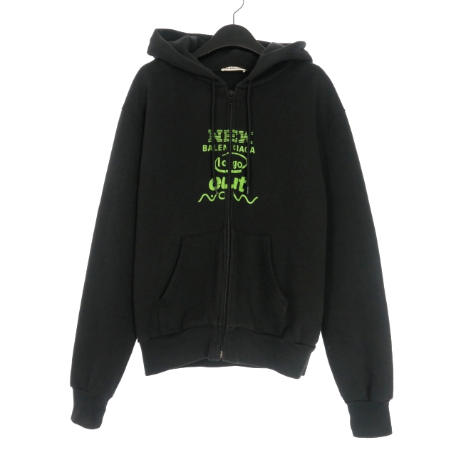 【中古】バレンシアガ BALENCIAGA 17AW ロゴプリント ジップフーディ パーカー 裏起毛 S ブラック 黒 518244 国内正規