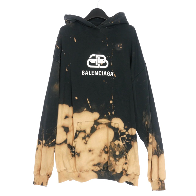 【中古】バレンシアガ BALENCIAGA BBロゴ ブリーチ加工 プルオーバーパーカー フーディ 長袖 XS ブラック 黒  570792
