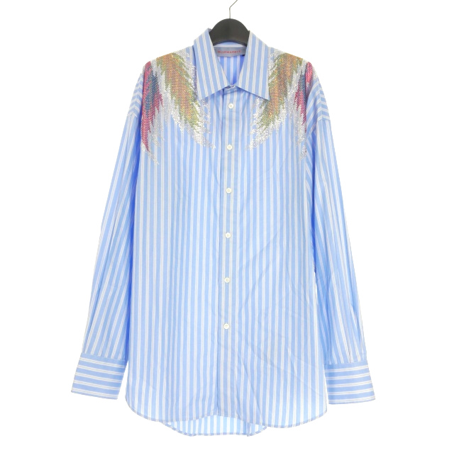 【中古】ブルーマーブル Bluemarble Rhinestone Stardust Striped Poplin Shirt ラインストーン ストライプロングシャツ M ブルー