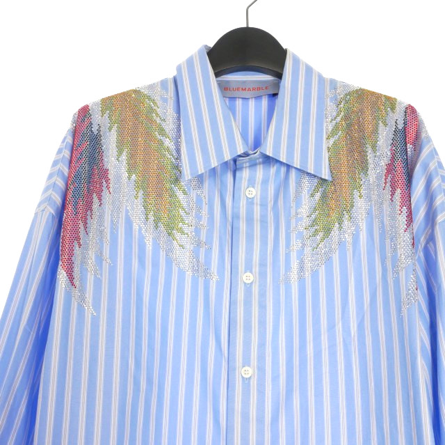 【中古】ブルーマーブル Bluemarble Rhinestone Stardust Striped Poplin Shirt ラインストーン ストライプロングシャツ M ブルー_3