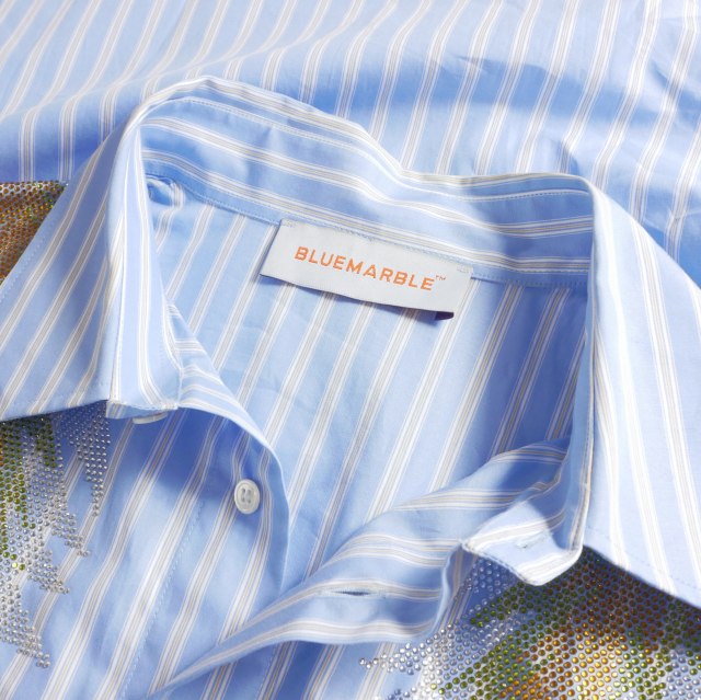 【中古】ブルーマーブル Bluemarble Rhinestone Stardust Striped Poplin Shirt ラインストーン ストライプロングシャツ M ブルー_6