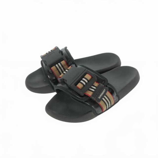 【中古】バーバリー BURBERRY Cameron Icon Stripe Buckle Slide Sandal サンダル 靴 バックル 42 ブラック 黒 メンズ