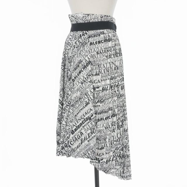 【中古】バレンシアガ BALENCIAGA アシンメトリー プリーツスカート 総柄 36 ホワイト/ブラック 529757 国内正規