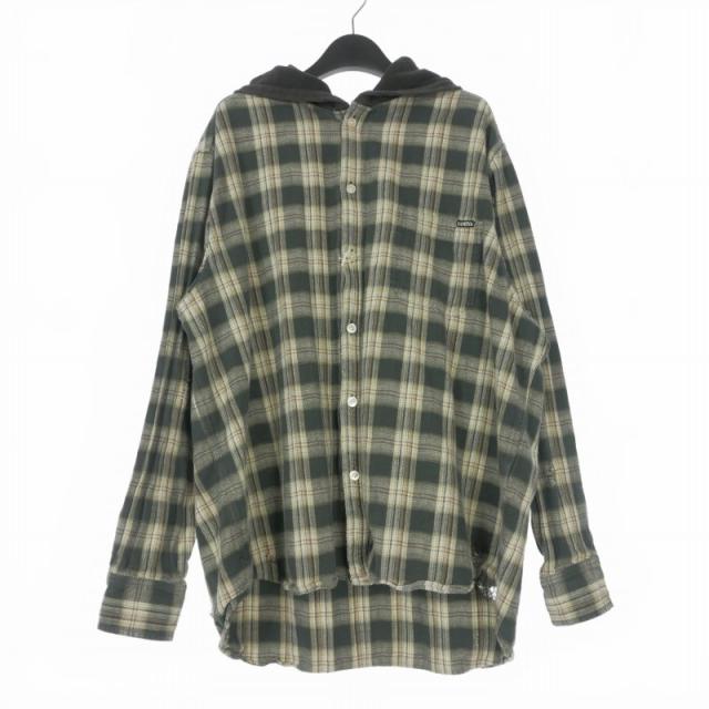 【中古】カミヤ KAMIYA 25SS Distressed Check Shirt Hoodie チェックシャツ フーディ S ブラック/グリーン G14SH057