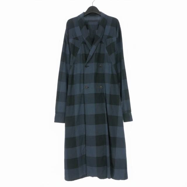 【中古】ユリウス JULIUS 18SS ベルト付き チェック ロングコート ガウン ジャケット 長袖 ブルー/ブラック 617SHM2