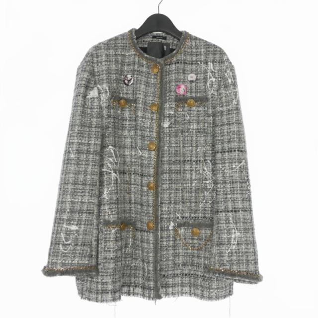 【中古】アールサーティーン R13 SLOUCH TWEED JACKET ツイード ノーカラージャケット ブレザー 長袖 XS グレー