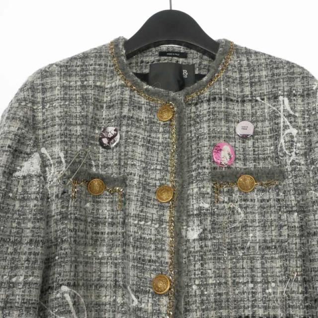 【中古】アールサーティーン R13 SLOUCH TWEED JACKET ツイード ノーカラージャケット ブレザー 長袖 XS グレー_2