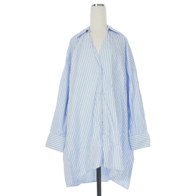 【中古】エリカカヴァリーニ 20SS Stripe Shirt ストライプシャツ ブラウス ドロップショルダー 長袖 38 ブルー