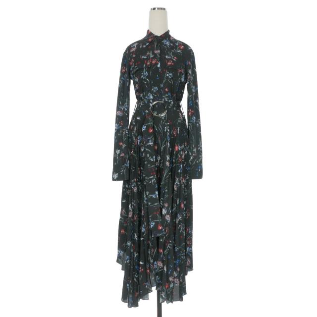【中古】マーカスルプファー ベルト付き 花柄 ロングワンピース ドレス アシンメトリー 長袖 UK6 ブラック 黒