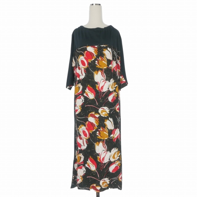 【中古】未使用品 マルニ MARNI 21AW フローラル切替ワンピース ドレス 半袖 38 ブラック 黒 ABJE0725Q0TCY6800B96 国内正規 レディース