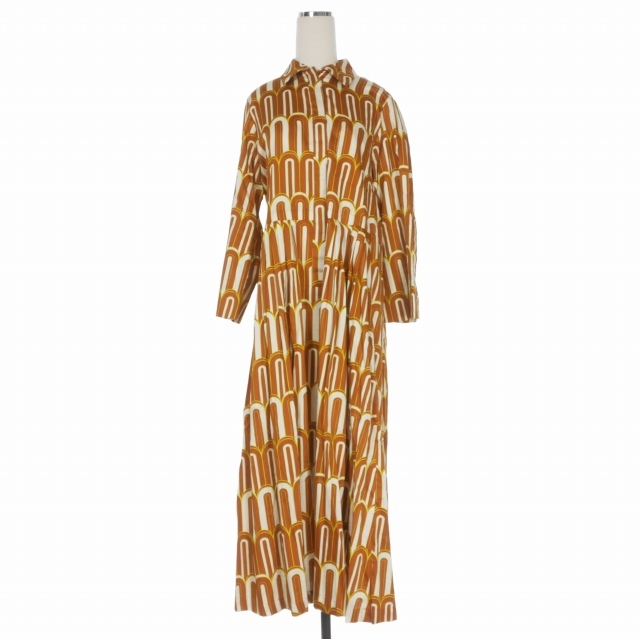 【中古】オデー ODEEH 総柄プリント ロングシャツワンピース ドレス 長袖 36 ライトブラウン 2164-35151 国内正規 レディース