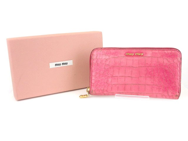 中古】ミュウミュウ miumiu 長財布 クロコ型押し ラウンドファスナー