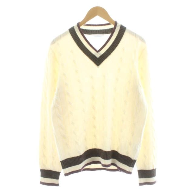 【中古】グランサッソ 8ゲージウールVネックチルデンニット セーター 長袖 ケーブル 48 白 ホワイト 23183 25010