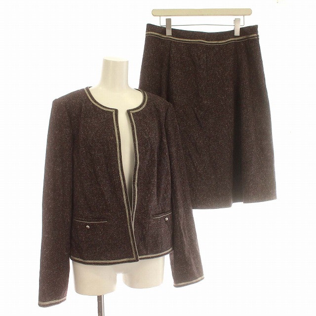 【中古】レリアン Leilian NEMIKA スーツ セットアップ ノーカラー ジャケット スカート 大きめ 13 茶 シルバー