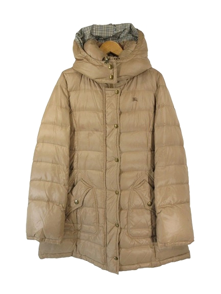 【中古】バーバリーブルーレーベル ロング ダウン ジャケット ロゴ 取り外し可 フード 40 ベージュ系 レディースの通販は 8,400円