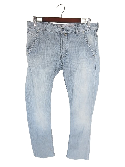【中古】ヤコブコーエン JACOB COHEN パンツ デニム ジーンズ ロング ボタンフライ ストライプ ネイビー ホワイト 32