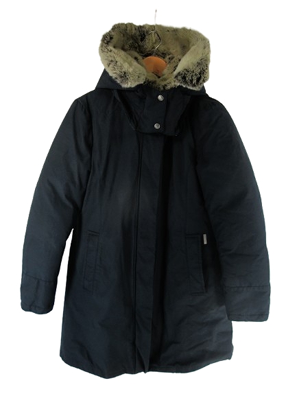 【中古】ウールリッチ WOOLRICH 1402072 ダウン ジャケット コート フード ジップフライ ボタン 無地 ネイビー M