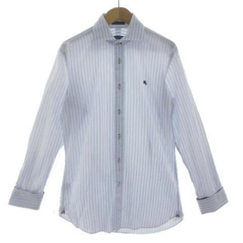 【中古】バーバリーブラックレーベル シャツ ホリゾンタルワイドカラー ダブルカフス ストライプ 白 青系 3