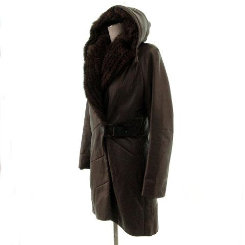 【中古】コート フーデッド 子羊革 上質ラムレザー イタリア製生地 リアルファー リボン イタリア製 ブラウン 茶 S 中古】コート フーデッド 子羊革 上質ラムレザー イタリア製生地