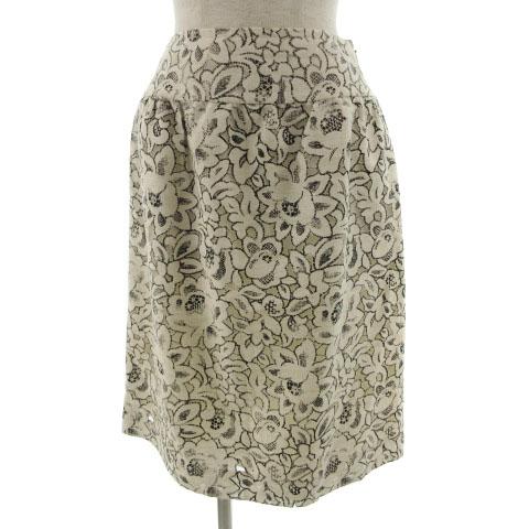 中古】ハナエモリ HANAE MORI スカート フレア ひざ丈 花柄 ベージュ  