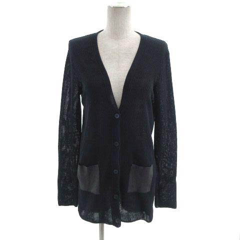 【中古】ベイジ BEIGE カーディガン ニット トッパー 長袖 羊革レザーポケット コットン混 ネイビー 紺 4 レディースの通販は