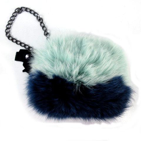 【中古】未使用品 ランバンオンブルー ポーチ 小物入れ フォックスファー がま口 チェーン 日本製 配色 青系 水色 F