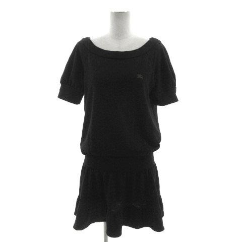 【中古】BURBERRY BLUE LABEL ワンピース ボートネック ロゴ刺繍 半袖 パフスリーブ ひざ丈 日本製 ウール 黒 38