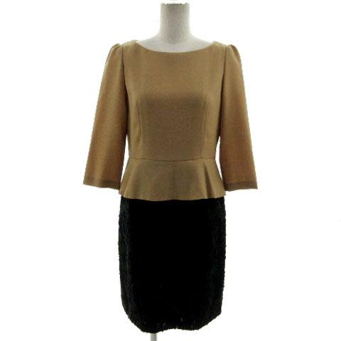 【中古】未使用品 ANAYI ワンピース 七分袖 ミディ丈 へプラム タイト 切替え 刺繍 茶系 ベージュブラウン 黒 38の通販は 5,000円