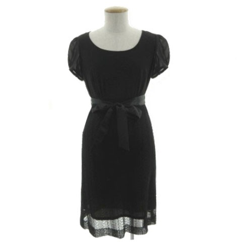 【中古】ローラアシュレイ LAURA ASHLEY ワンピース パフスリーブ シアー素材 レース切替 ミディ丈 リボンベルト 黒 7の通販は