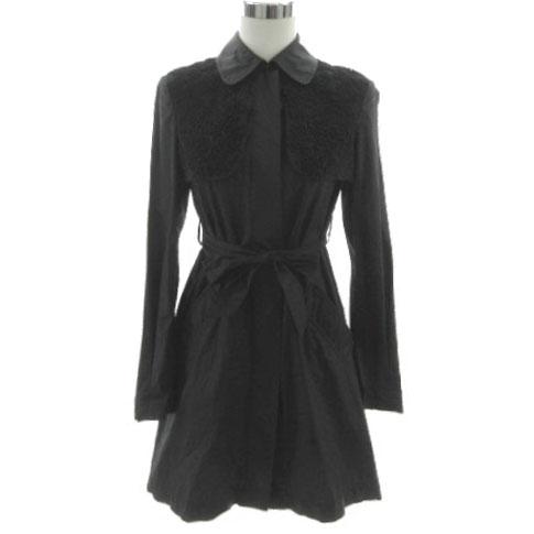 【中古】ロベルタスカルパ ROBERT SCARPA トレンチコート ステンカラー 花柄刺繍 リボンベルト コットン 黒 I 40