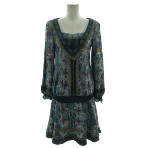 【中古】オッズオネスト OZZ ONESTE ワンピース レース ひざ丈 長袖 ウエストゴム 蝶 総柄 緑 青緑 マルチカラー