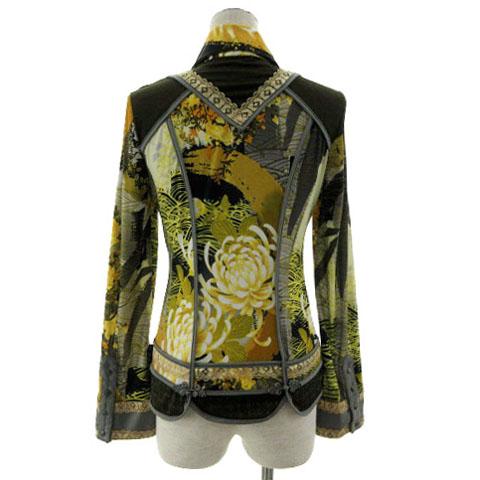 【中古】オッズオネスト OZZ ONESTE シャツ レース切替え 長袖 ストレッチ 総柄 グレー 黄系色 マルチカラー_5