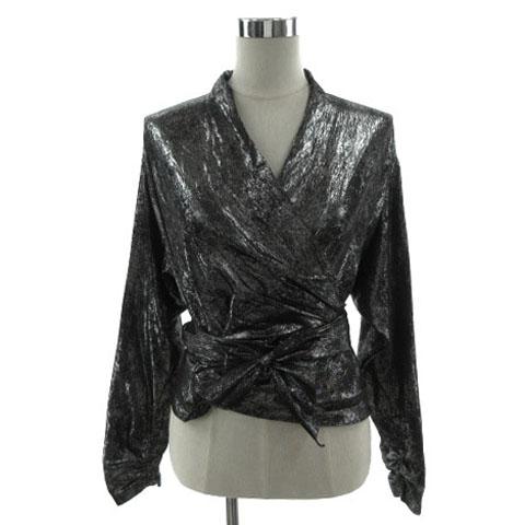 【中古】インポートロッサ IMPORT ROSSA カシュクール ブラウス リボン 長袖 袖シャーリング シルク混 シルバー 黒 42