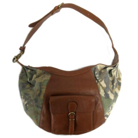 【中古】IL BISONTE ショルダーバッグ ワンショルダー ウォッシュ加工迷彩柄キャンバス レザー切替え 茶 マルチカラー