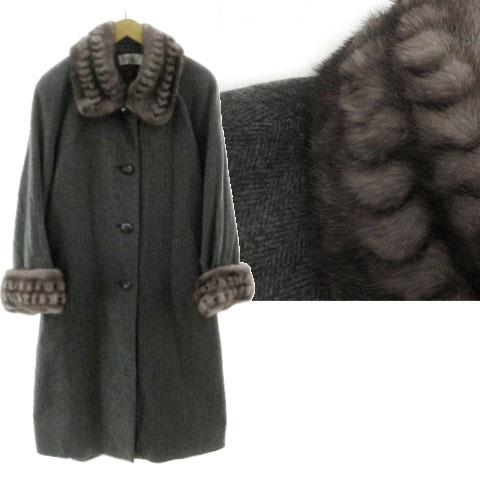 【中古】GRACE BY ASHIYA ミンクファー カシミヤロングコート ヘリンボーン 起毛 カシミヤ100％ グレー  F レディース