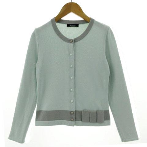 【中古】ルネ Rene basic カーディガン ニット 5812010 丸首 リボン 長袖 日本製 配色 ブルー系 青系 グレー 34
