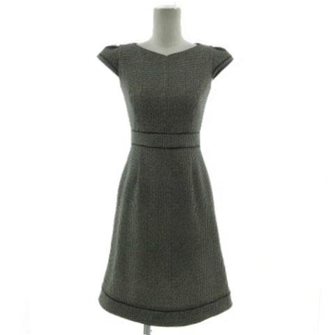 【中古】未使用品 トッカ TOCCA ワンピース フレンチスリーブ ミディ丈 ストレッチ パイピング 総柄 黒 ベージュ 00