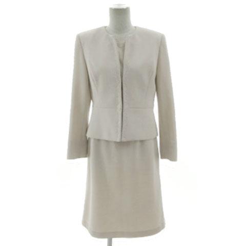 【中古】TOKYO SOIR セレモニースーツ フォーマル ノーカラージャケット レース刺繍 スカート ミディ丈 ベージュ M