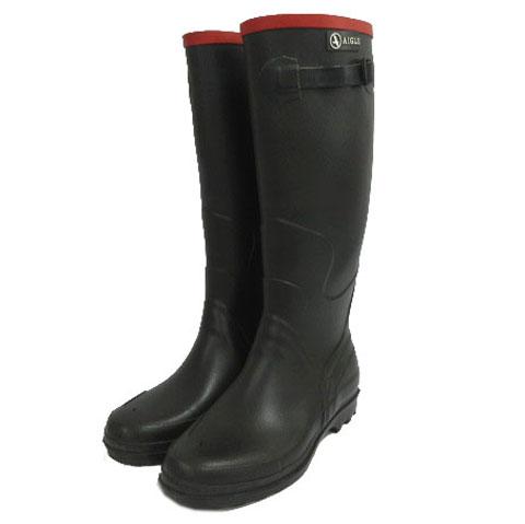 【中古】エーグル AIGLE ロングレインブーツ ラバーブーツ 長袖 ロゴ ブラック 黒 レッド 赤 38 レディース