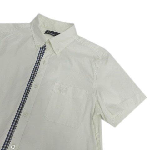 【中古】フレッドペリー FRED PERRY ギンガム トリム ボタンダウン シャツ F4384 胸ポケ ロゴ刺繍 半袖 オフ白 青 XS_1