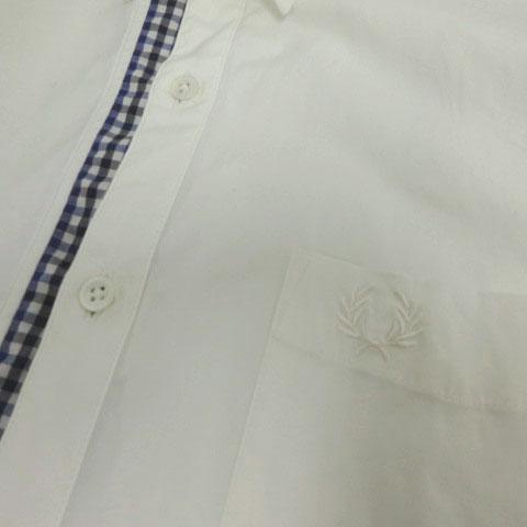 【中古】フレッドペリー FRED PERRY ギンガム トリム ボタンダウン シャツ F4384 胸ポケ ロゴ刺繍 半袖 オフ白 青 XS_4