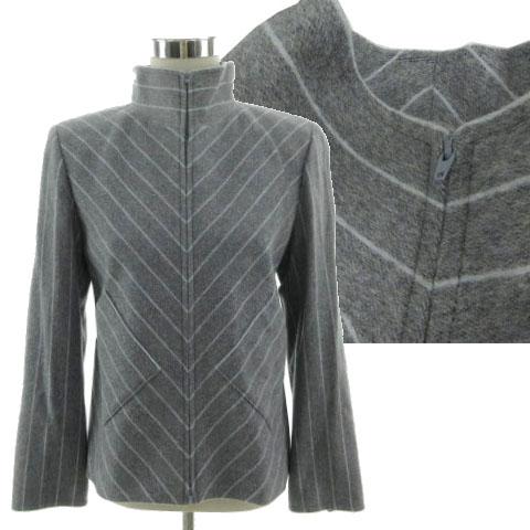 【中古】ジュンアシダ jun ashida アンゴラ混スタンドカラージャケット 袖ファスナー 起毛 ストライプ グレー 水色 11