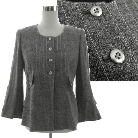 【中古】ジュンアシダ jun ashida リネンノーカラージャケット フォーマル ステッチ ブラック 黒 ホワイト 白 11