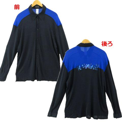 【中古】イスタンテ istante レーヨンシャツ 透け感 長袖 バック刺繍 イタリア製 配色 ネイビー 紺 ブルー 青 54