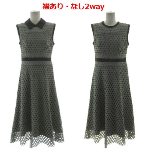 【中古】ダイアグラム Diagram レースバイカラーフレアドレス 03233 35055-00 襟2way グリーン系 緑系 グレー 黒 38