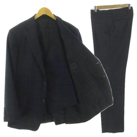 【中古】ダーバン スリーピース スーツ SESSERA ジャケット ベスト パンツ ウィンドウペンチェック 紺 青 AB7 AB8