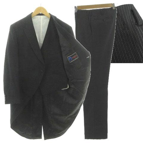 【中古】THREE-M モーニングコート 燕尾服 スリーピース ジャケット ピークドラペル ベスト パンツ 黒 グレー