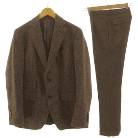 【中古】Bishitto ムーン MOON 英国製生地 ツイードスーツ ジャケット パンツ 裾ダブル 茶 ベージュ 44-6Drop S
